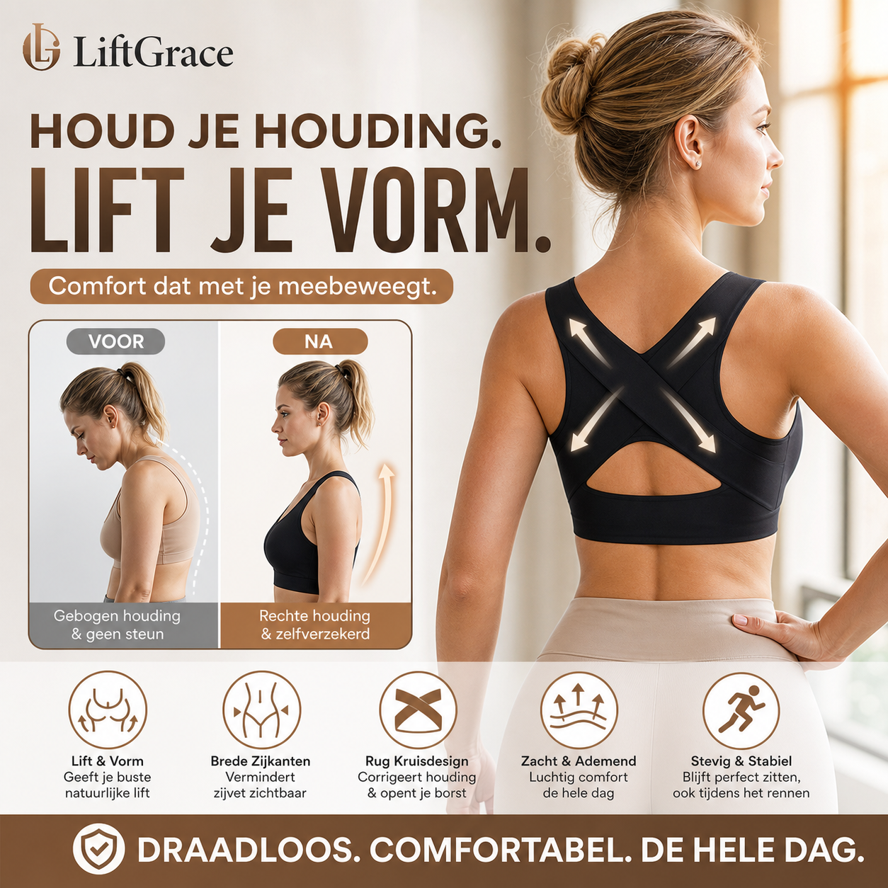⚡ 50% korting! Beugelvrije beha met gekruiste rugbandjes & voorste sluiting. Corrigeert houding, biedt comfort & ondersteuning. 🩰💕