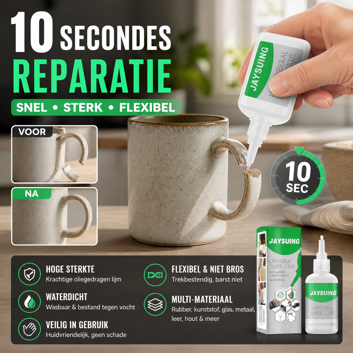 🔥 2 voor 1! Snelhardende lijm – hoge hechtkracht, droogt in 1 min, voor metaal, hout & kunststof. Repareer alles snel! 💪✨