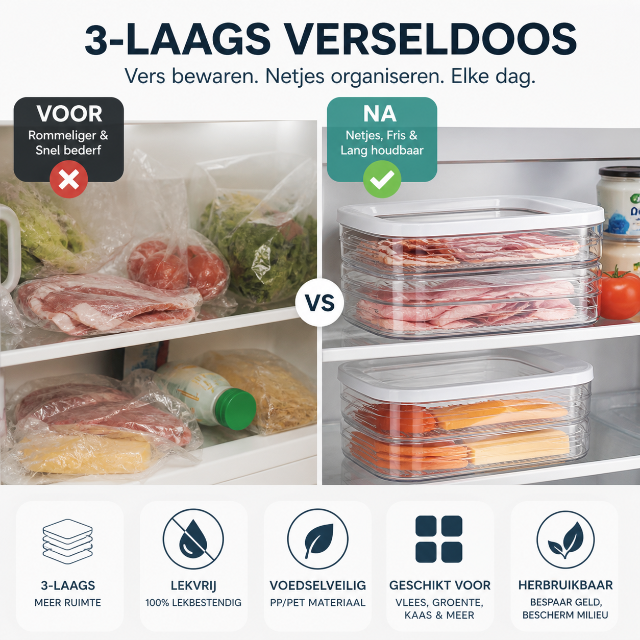 🥗 50% korting! 3-laags opbergbakken met deksel – stapelbaar, helder & herbruikbaar. Houd groenten & fruit langer vers in de koelkast! ✨🧊
