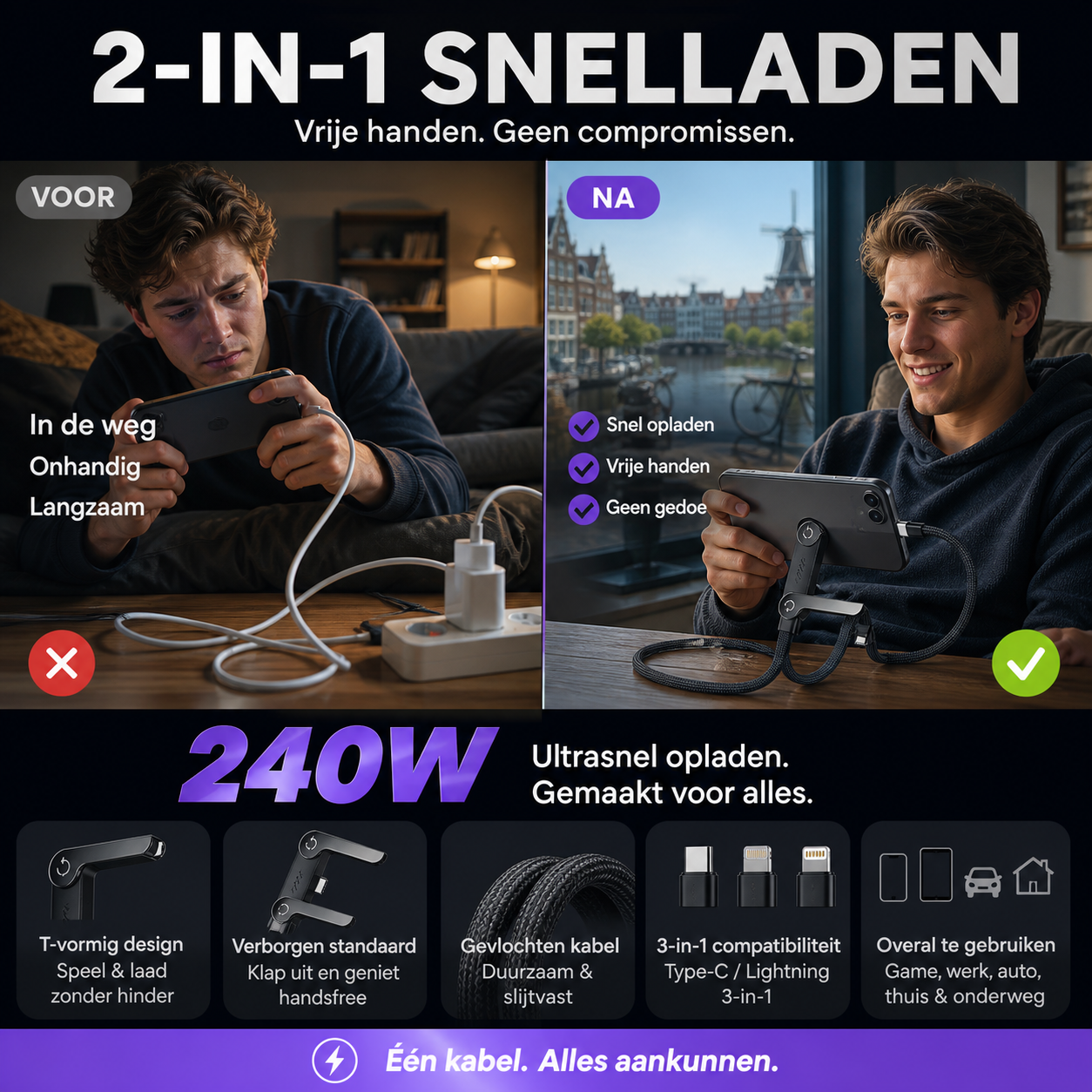 🔌 50% korting! 2-in-1 oplaadkabel met standaard – 240W supersnel, T-vormig & gevlochten. Laad & kijk handsfree! ⚡✨