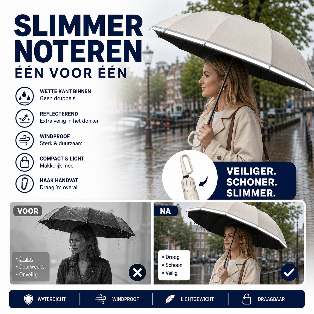 ☂️ 50% korting! Reflecterende veiligheidsparaplu – met ringgesp, stevig & windbestendig. Veilig & zichtbaar in regen en donker! 🌙✨