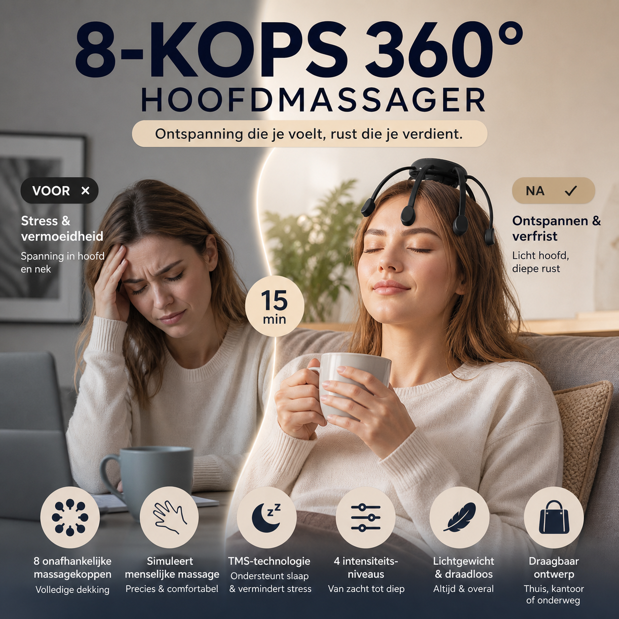 🧠 50% korting! Hoofdhuidmassageapparaat – 8 koppen, 360° massage, 4 modi & draagbaar. Ontspan overal & verbeter uw slaap! ⚡💆‍♂️