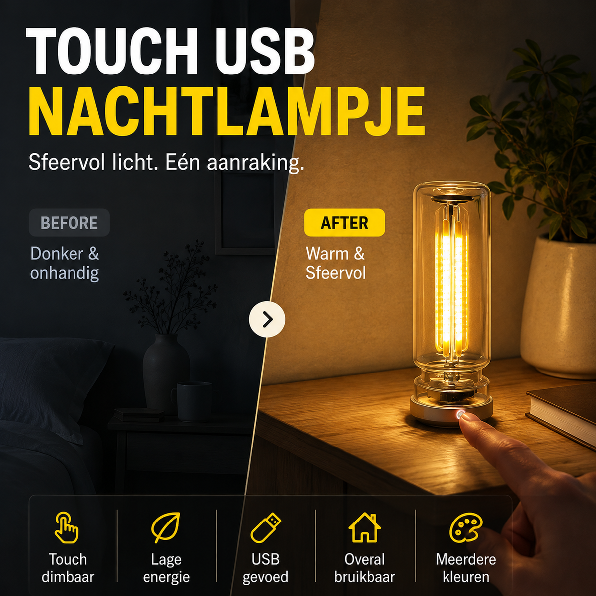 50% korting! USB touch glazen nachtlamp – 9 kleuren & dimbaar, laag energieverbruik. Perfect voor camping, auto & slaapkamer! ✨🔋