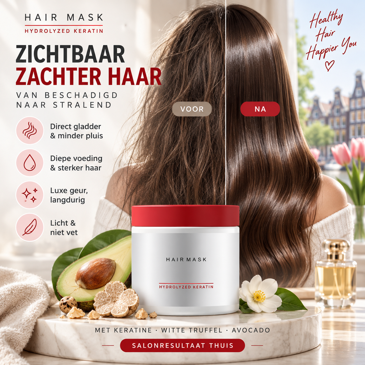 💆‍♀️ 50% korting! Verzachtend haarmasker – keratine, witte truffel & avocado-olie. Onmiddellijke zachtheid, diepe voeding & luxe langdurige geur! ✨🌸