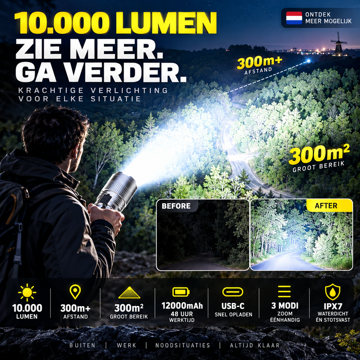 🔦 50% korting! Oplaadbare superheldere LED-zaklamp – 10.000 lumen, 48 uur gebruiksduur & USB-C snelladen. Waterdicht & onbreekbaar! ✨⚡