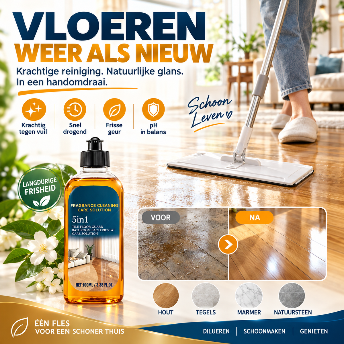 🧼 50% korting! Krachtige vloerreiniger – lost hardnekkig vuil snel op, droogt snel & laat een frisse geur achter. Veilig voor alle vloertypes – streeploos! ✨🏠