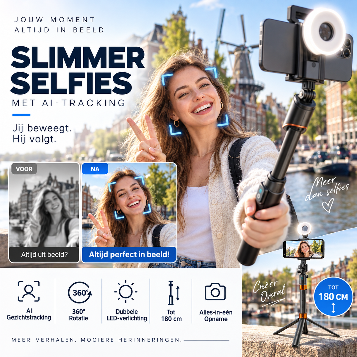 Capture Perfect Shots Instantly! 180cm Smart Face-Tracking Selfie Stick