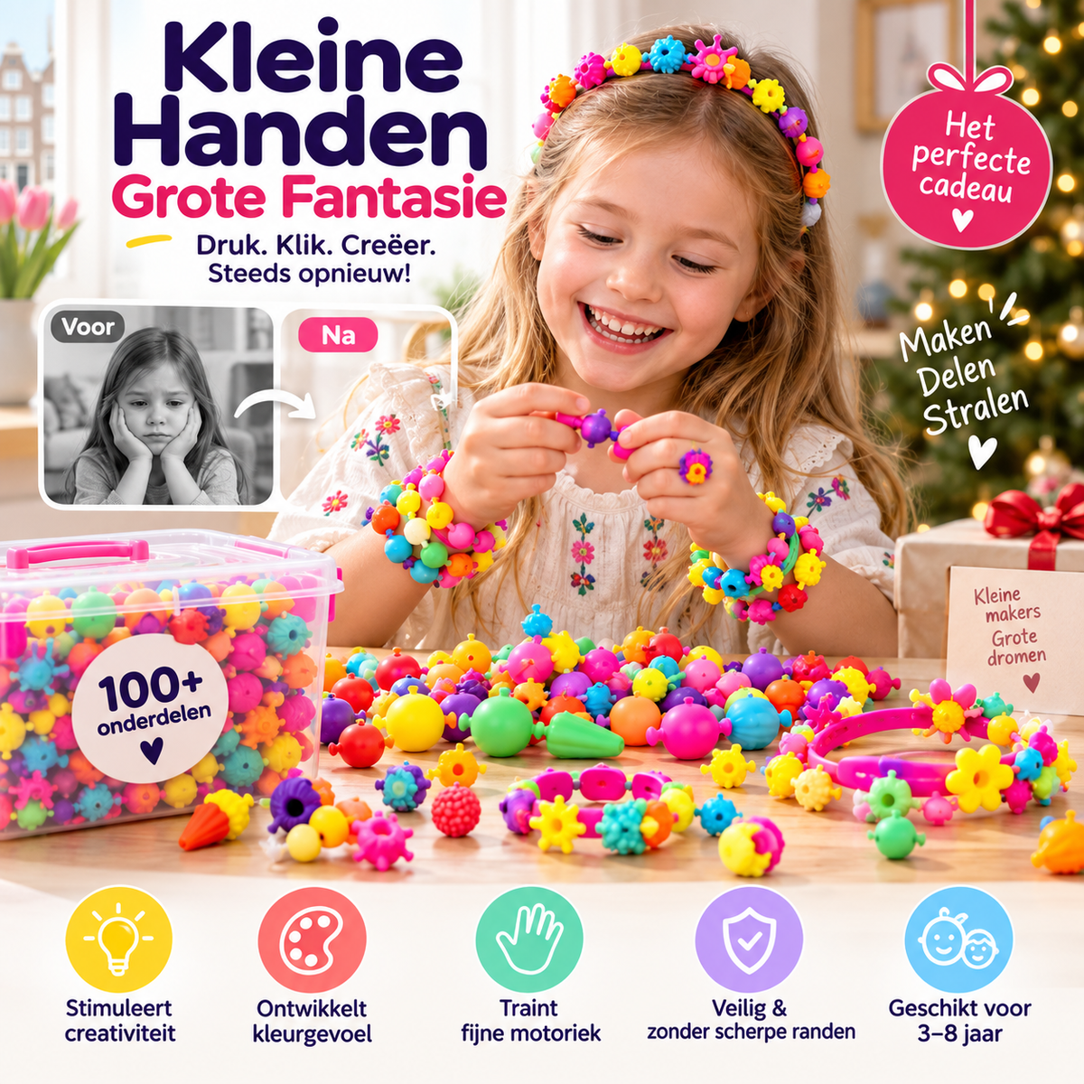 🎨 50% korting! Pop Beads sieradenset voor kinderen – eindeloos hergebruik, bevordert hand-oogcoördinatie & creativiteit. Perfect kerstcadeau! ✨🎅