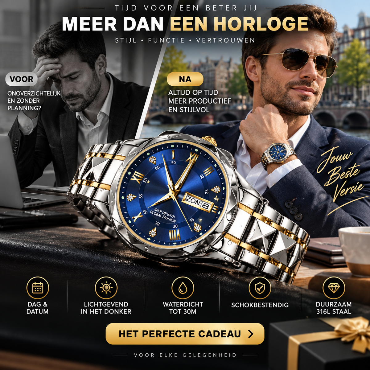 ⌚ 50% korting! Luxe herenhorloge – dag-datum weergave, lichtgevend & waterdicht tot 30m. Japans uurwerk & 316L roestvrij staal. Perfect cadeau! ✨🎁
