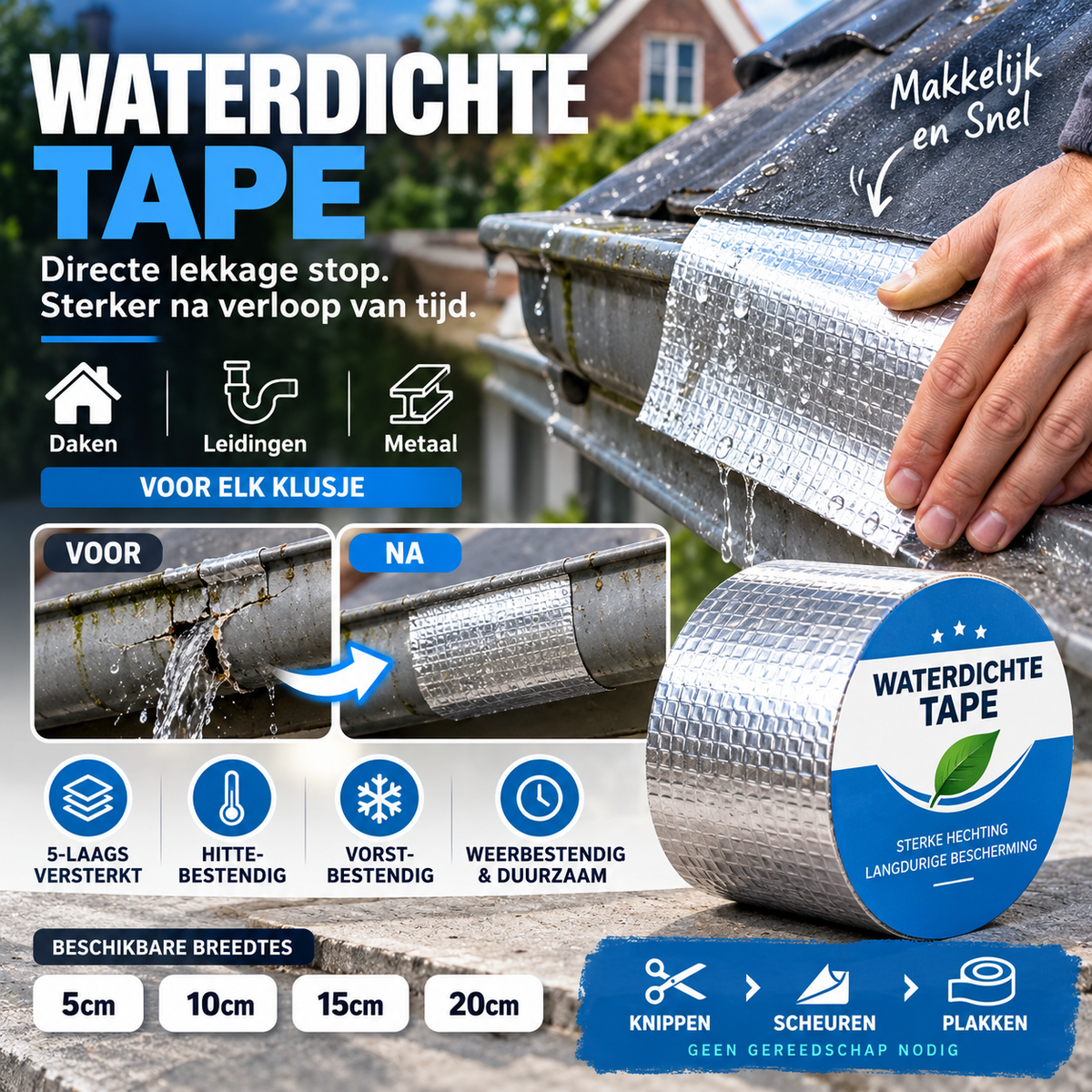🔧 50% korting! Universele waterdichte reparatietape – butylrubber, 5-lagen constructie & weerbestendig. Dicht lekkages bij dak, leiding & metaal – direct klaar! ✨💧