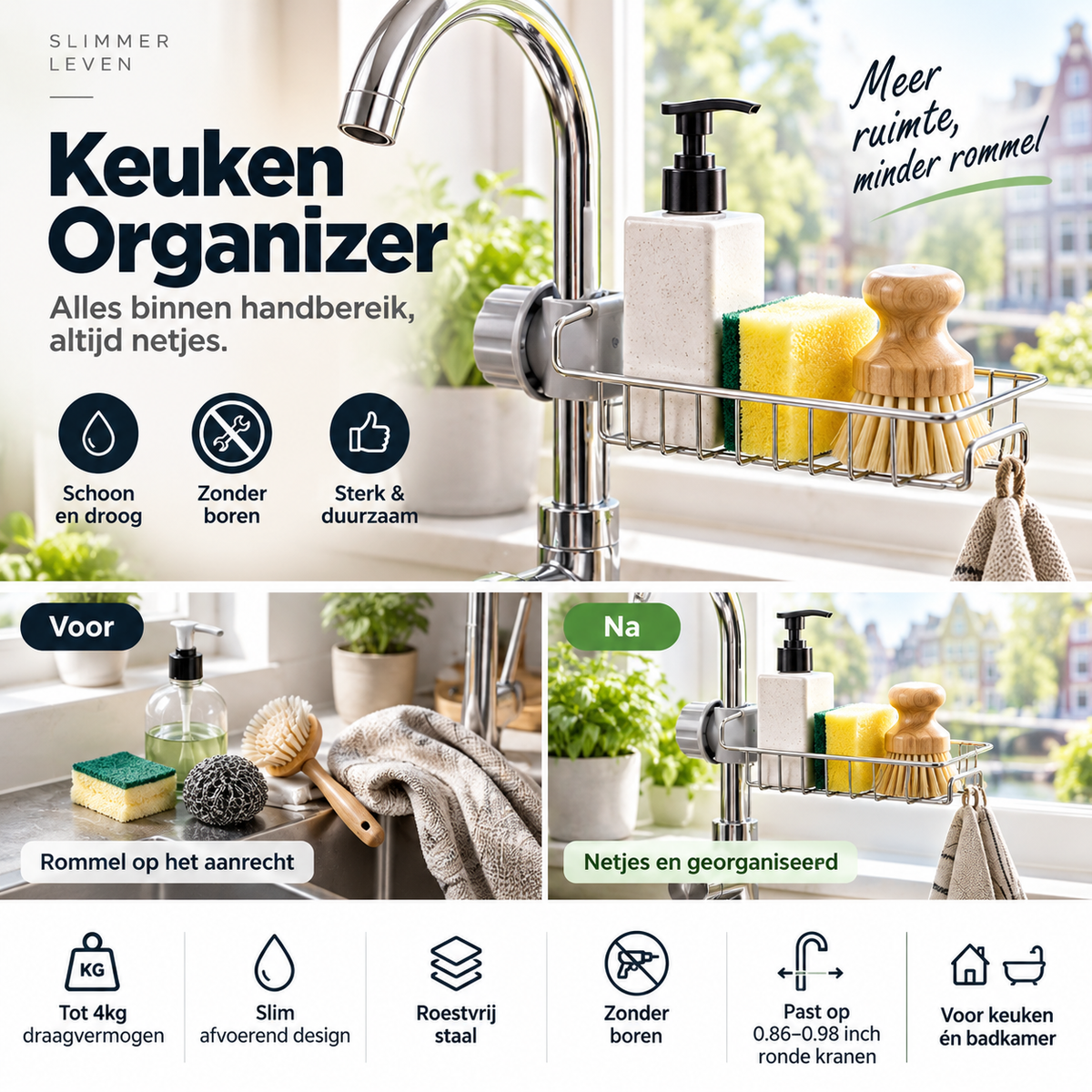 🧽 50% korting! Gootsteen organizer rek – RVS, 4 kg draagkracht & zonder boren aan de kraan te bevestigen. Houd sponzen & zeep binnen handbereik! ✨💪