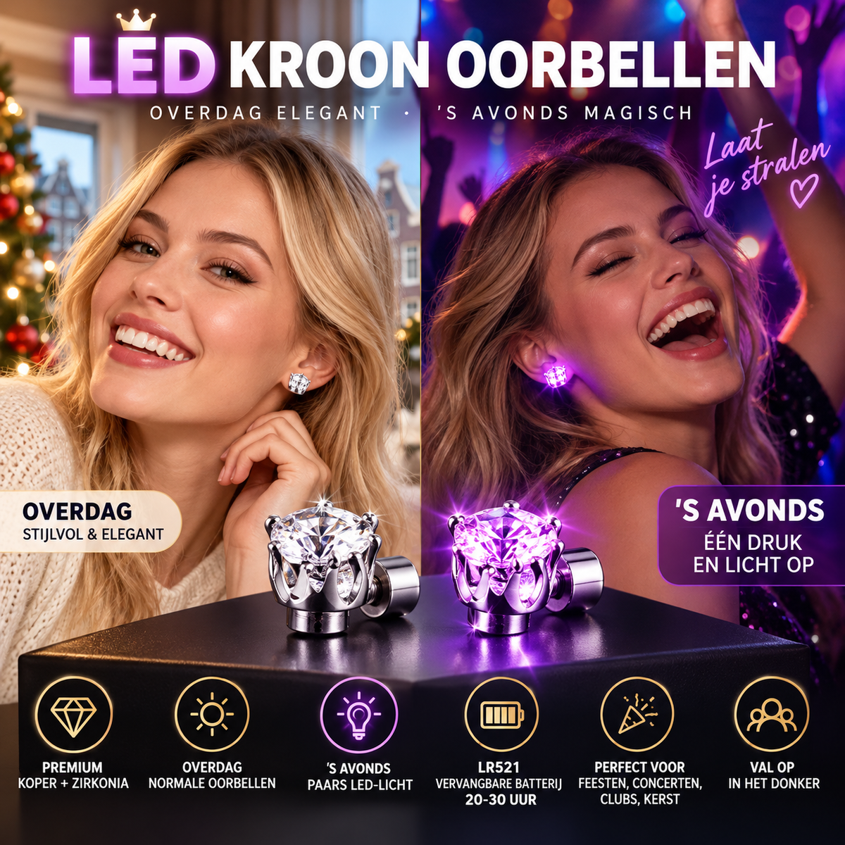 👑 50% korting! LED kroonoorbellen – koper met zirkonia, dag & nacht draagbaar, 7 lichtkleuren & 20-30 uur gebruik. Perfect voor feesten & concerts! ✨💜