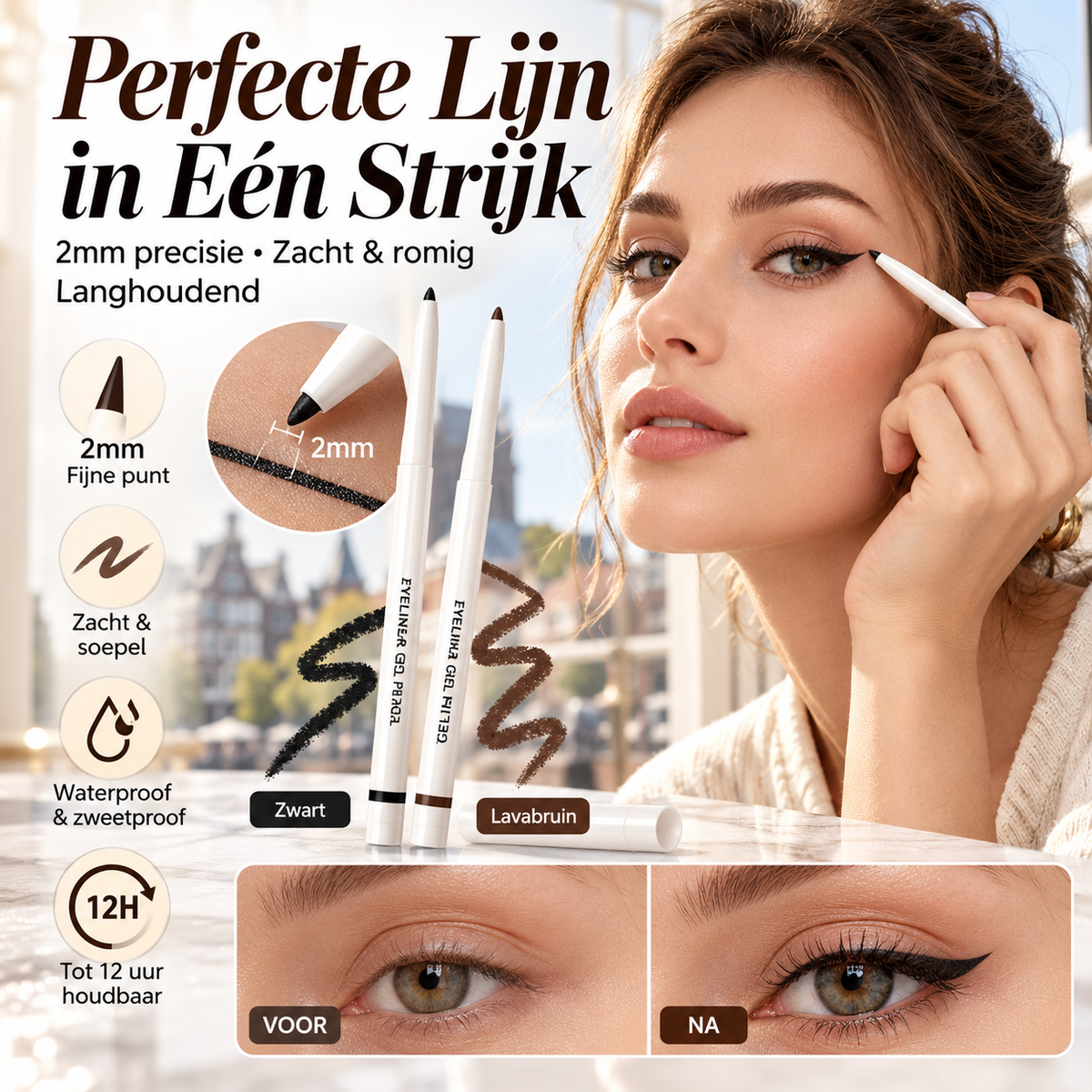 👁️ 50% korting! Gel eyelinerpotlood – fijne 2 mm punt, romige textuur, water- & zweetbestendig tot 12 uur. Zwart of bruin – van subtiel tot cat-eye! ✨🖊️
