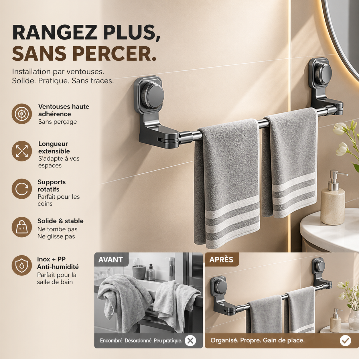 🔥‑50% DE RÉDUCTION🚿 Porte‑serviettes à ventouse réglable sans perçage, fixation forte, facile à poser et à déplacer dans la maison ✨