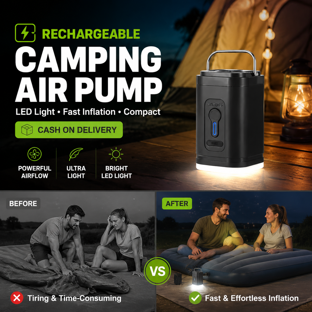 🏕️ Oplaadbare camping luchtpomp – LED-verlichting, snel oppompen, compact – Levering achteraf betalen 🔋