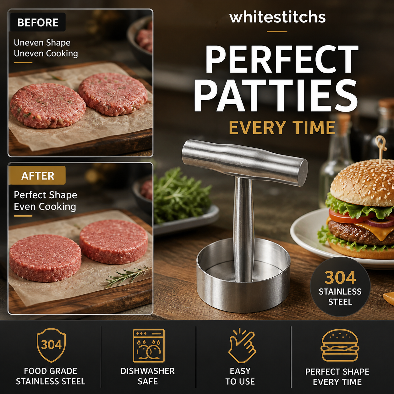 🥩🔪 Steakpers ronde burgervorm | 304 RVS, antiaanbak | Eén druk, perfecte patty | Vaatwasserbestendig | 13,2x17,5x9 cm, 364 g | 50% KORTING!