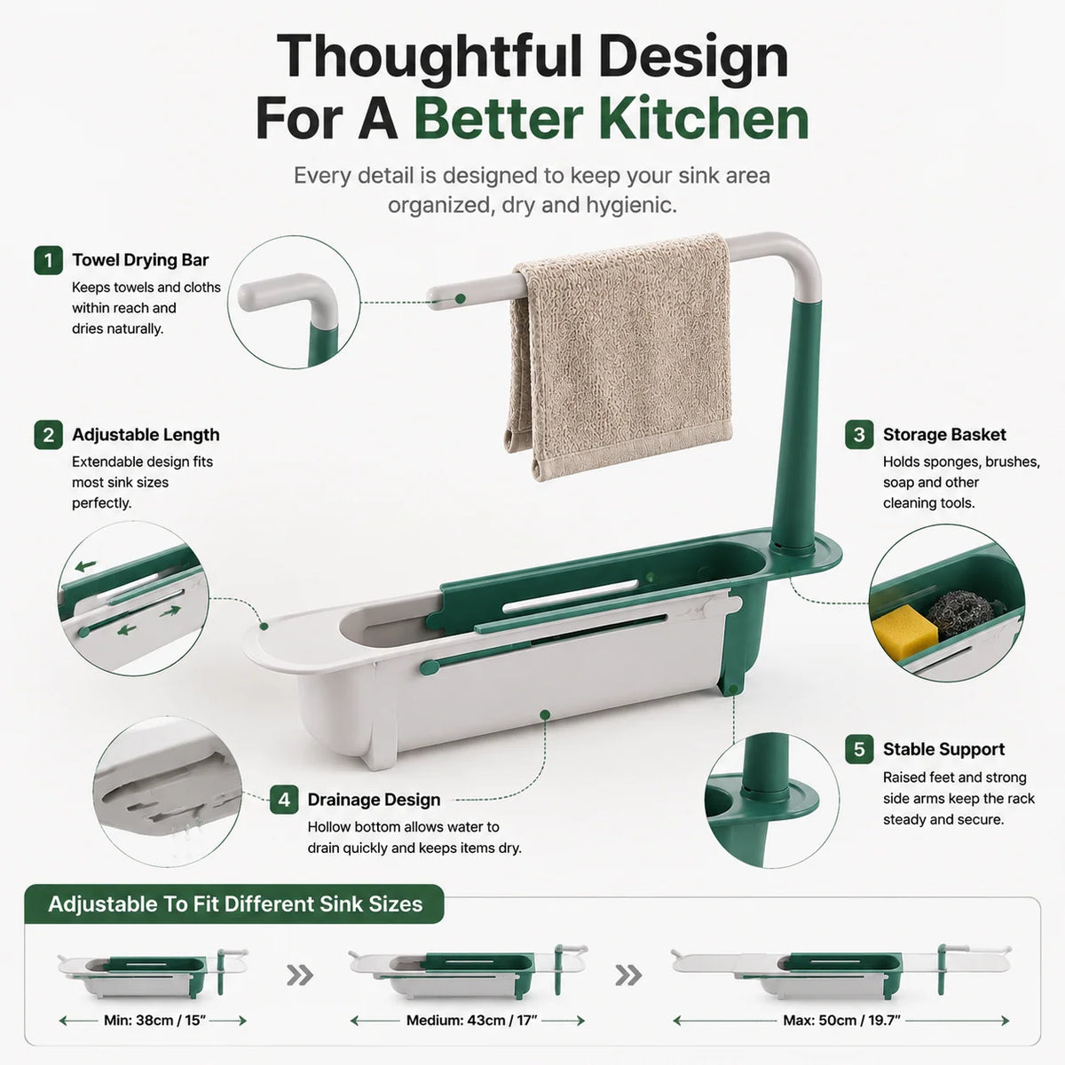 🚰 50% korting! Draagbare gootsteen organizer – verstelbaar 32-45 cm, multifunctioneel & ruimtebesparend. Houd je aanrecht schoon & netjes – eenvoudig opzij te zetten! ✨🧽