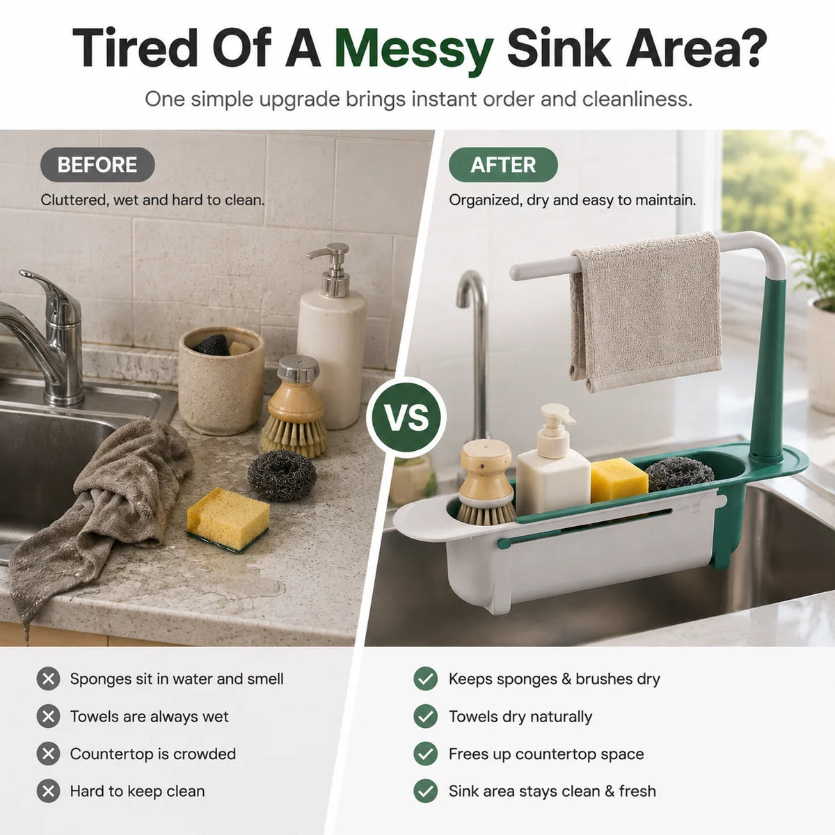 🚰 50% korting! Draagbare gootsteen organizer – verstelbaar 32-45 cm, multifunctioneel & ruimtebesparend. Houd je aanrecht schoon & netjes – eenvoudig opzij te zetten! ✨🧽