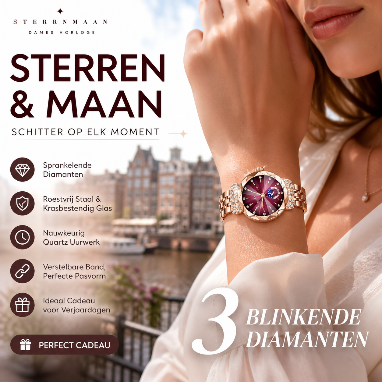 🎀60% KORTING Nieuwjaarsuitverkoop🎀 Modieuze Diamant Maan en Ster Horloge voor Dames