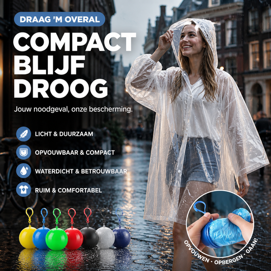 ☔ 1+1 GRATIS! Wegwerp regenjas – compact, opvouwbaar & licht. Past in elke tas – ideaal voor de natte Nederlandse zomer! 🌧️🎒