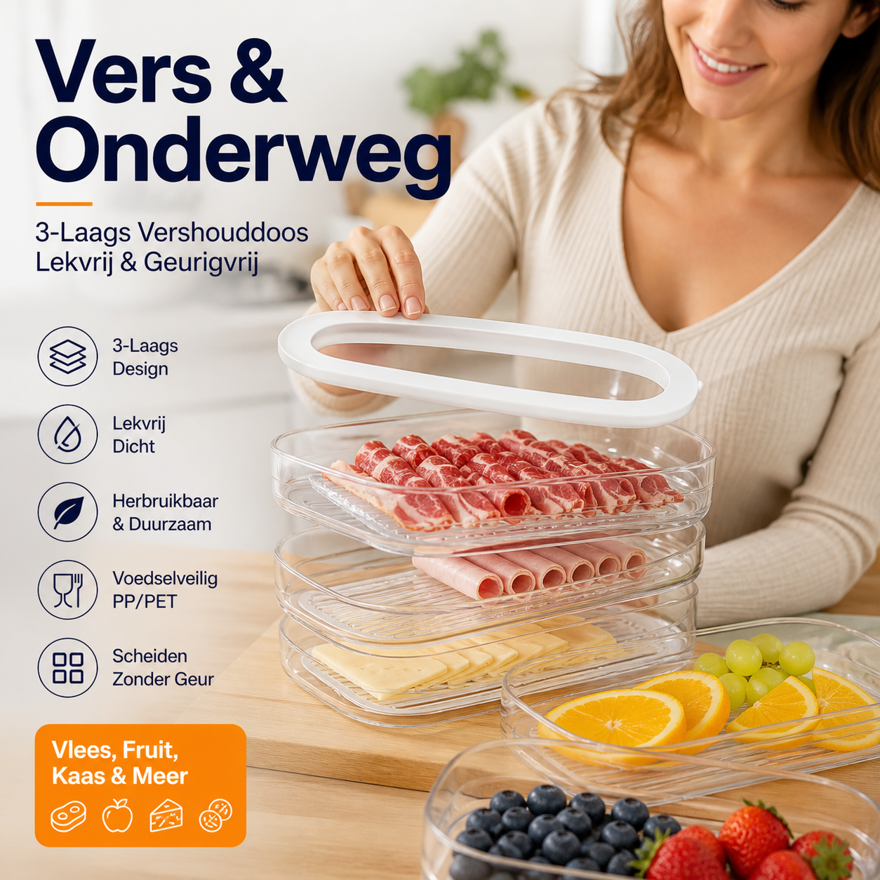 🥗 50% korting! 3-laags opbergbakken met deksel – stapelbaar, helder & herbruikbaar. Houd groenten & fruit langer vers in de koelkast! ✨🧊