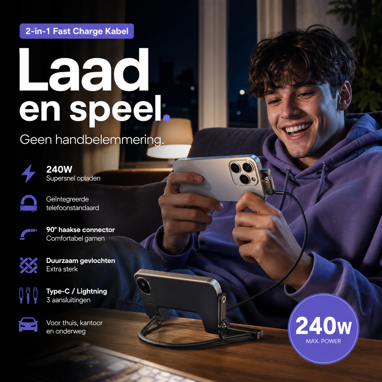 🔌 50% korting! 2-in-1 oplaadkabel met standaard – 240W supersnel, T-vormig & gevlochten. Laad & kijk handsfree! ⚡✨