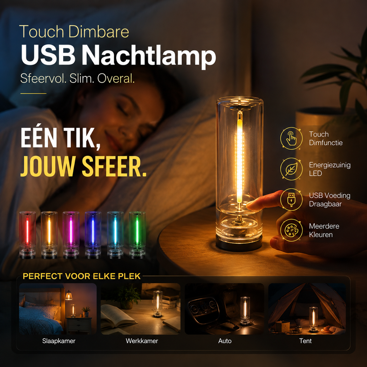 50% korting! USB touch glazen nachtlamp – 9 kleuren & dimbaar, laag energieverbruik. Perfect voor camping, auto & slaapkamer! ✨🔋