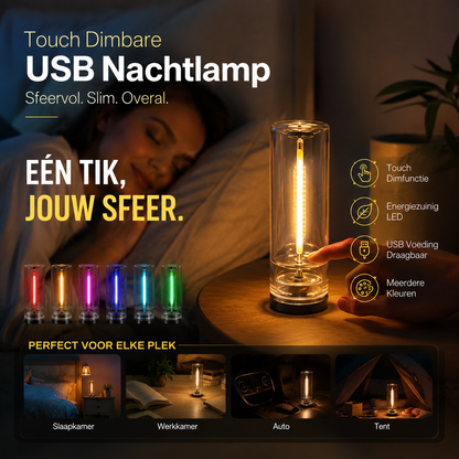 50% korting! USB touch glazen nachtlamp – 9 kleuren & dimbaar, laag energieverbruik. Perfect voor camping, auto & slaapkamer! ✨🔋