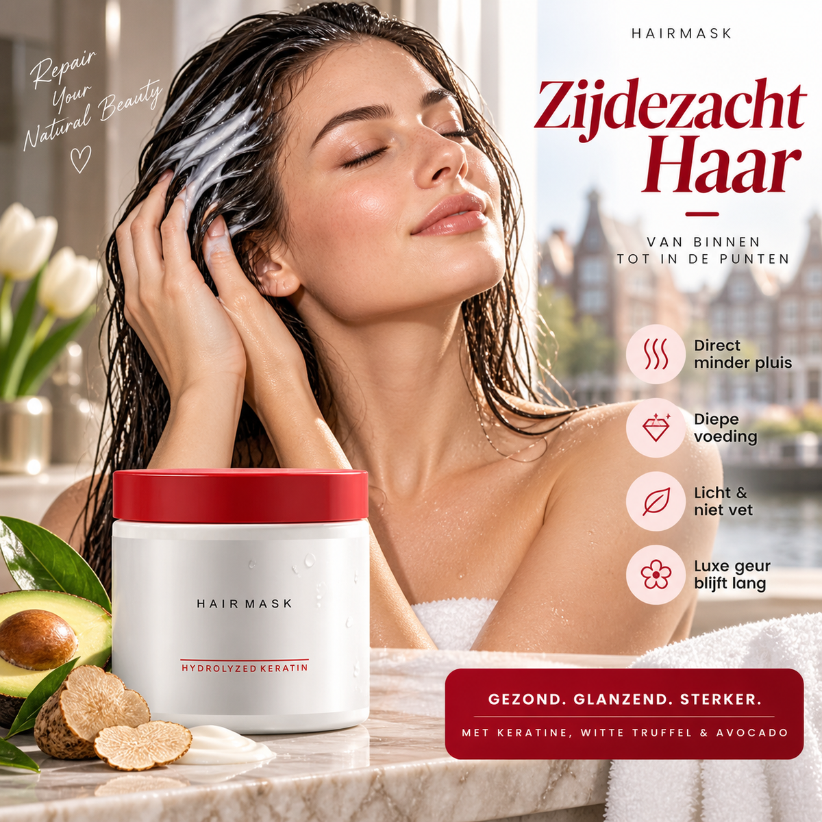 💆‍♀️ 50% korting! Verzachtend haarmasker – keratine, witte truffel & avocado-olie. Onmiddellijke zachtheid, diepe voeding & luxe langdurige geur! ✨🌸