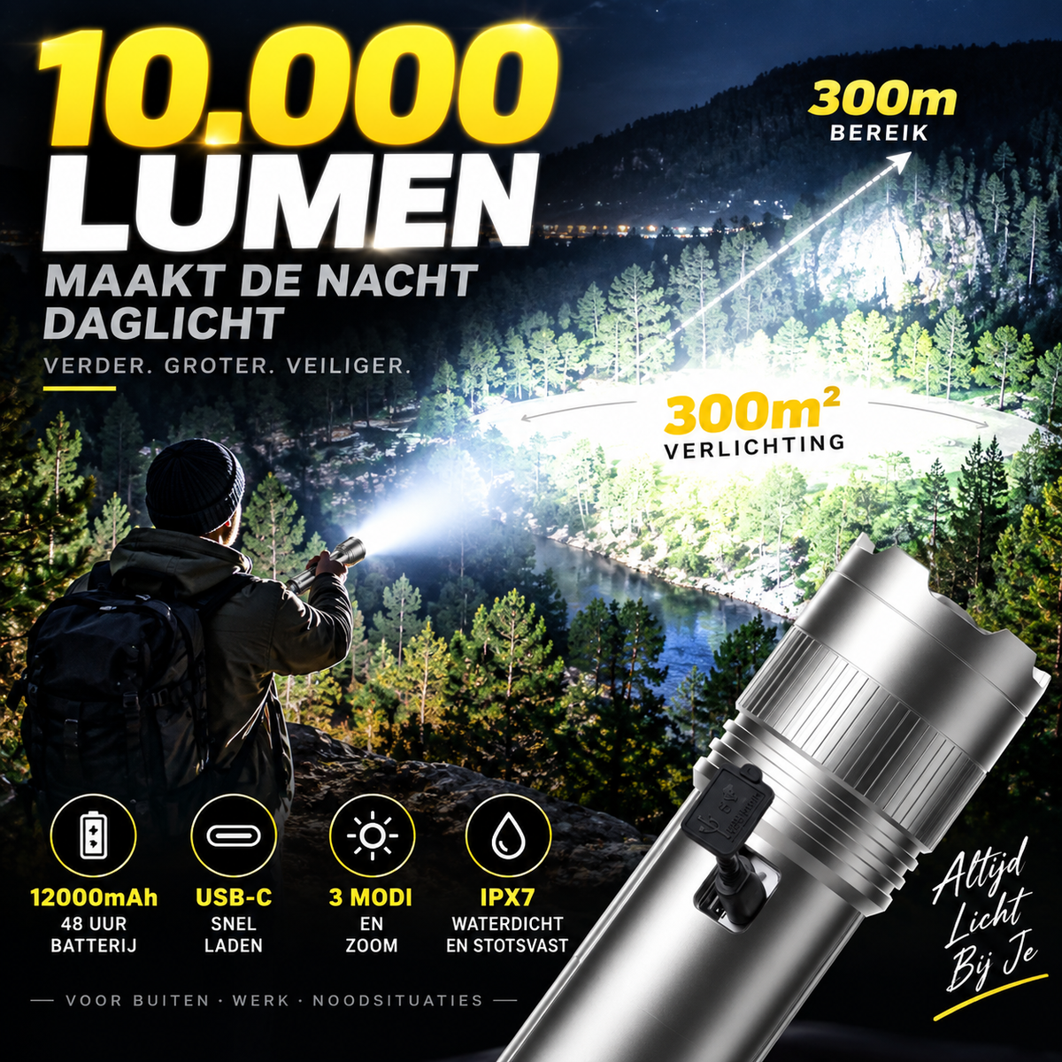 🔦 50% korting! Oplaadbare superheldere LED-zaklamp – 10.000 lumen, 48 uur gebruiksduur & USB-C snelladen. Waterdicht & onbreekbaar! ✨⚡