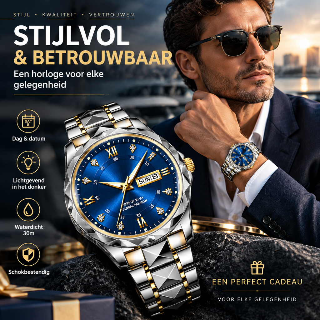 ⌚ 50% korting! Luxe herenhorloge – dag-datum weergave, lichtgevend & waterdicht tot 30m. Japans uurwerk & 316L roestvrij staal. Perfect cadeau! ✨🎁