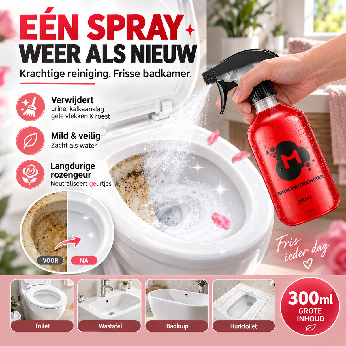 🚽 50% korting! Krachtige toiletreiniger – verwijdert urinesteen, roest & gele vlekken. Zacht, niet-irriterend & langdurige rozengeur. 300 ml! ✨🌸