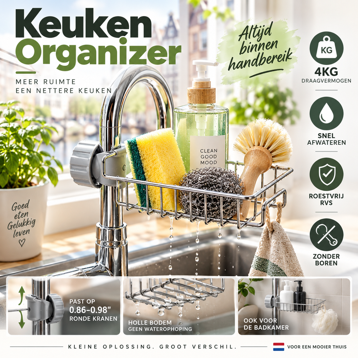 🧽 50% korting! Gootsteen organizer rek – RVS, 4 kg draagkracht & zonder boren aan de kraan te bevestigen. Houd sponzen & zeep binnen handbereik! ✨💪