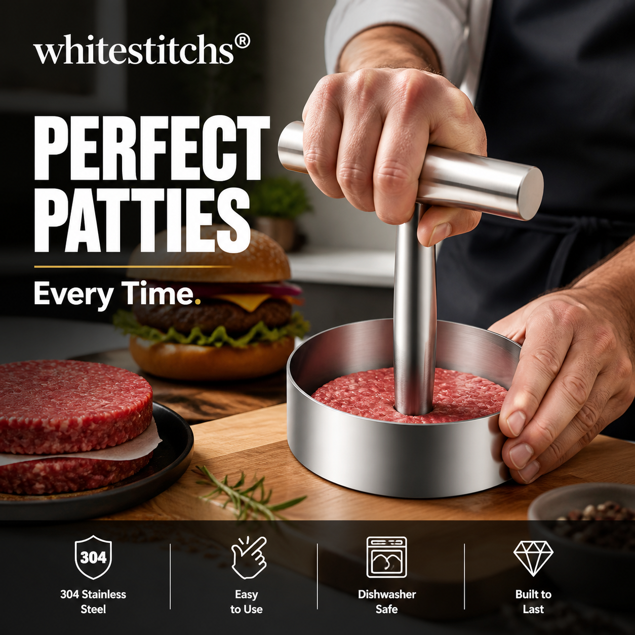 🥩🔪 Steakpers ronde burgervorm | 304 RVS, antiaanbak | Eén druk, perfecte patty | Vaatwasserbestendig | 13,2x17,5x9 cm, 364 g | 50% KORTING!