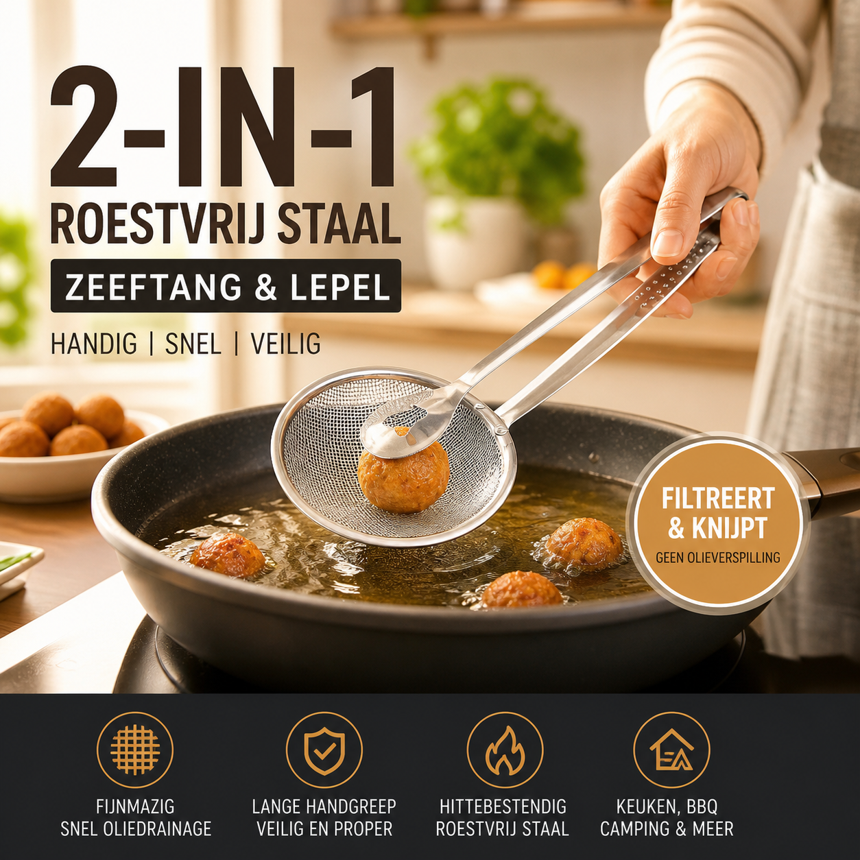 🍳 50% korting! 2-in-1 keukentang – schep & filter in 1. Roestvrij staal, ideaal voor frituren, zeven & opscheppen. 💪✨