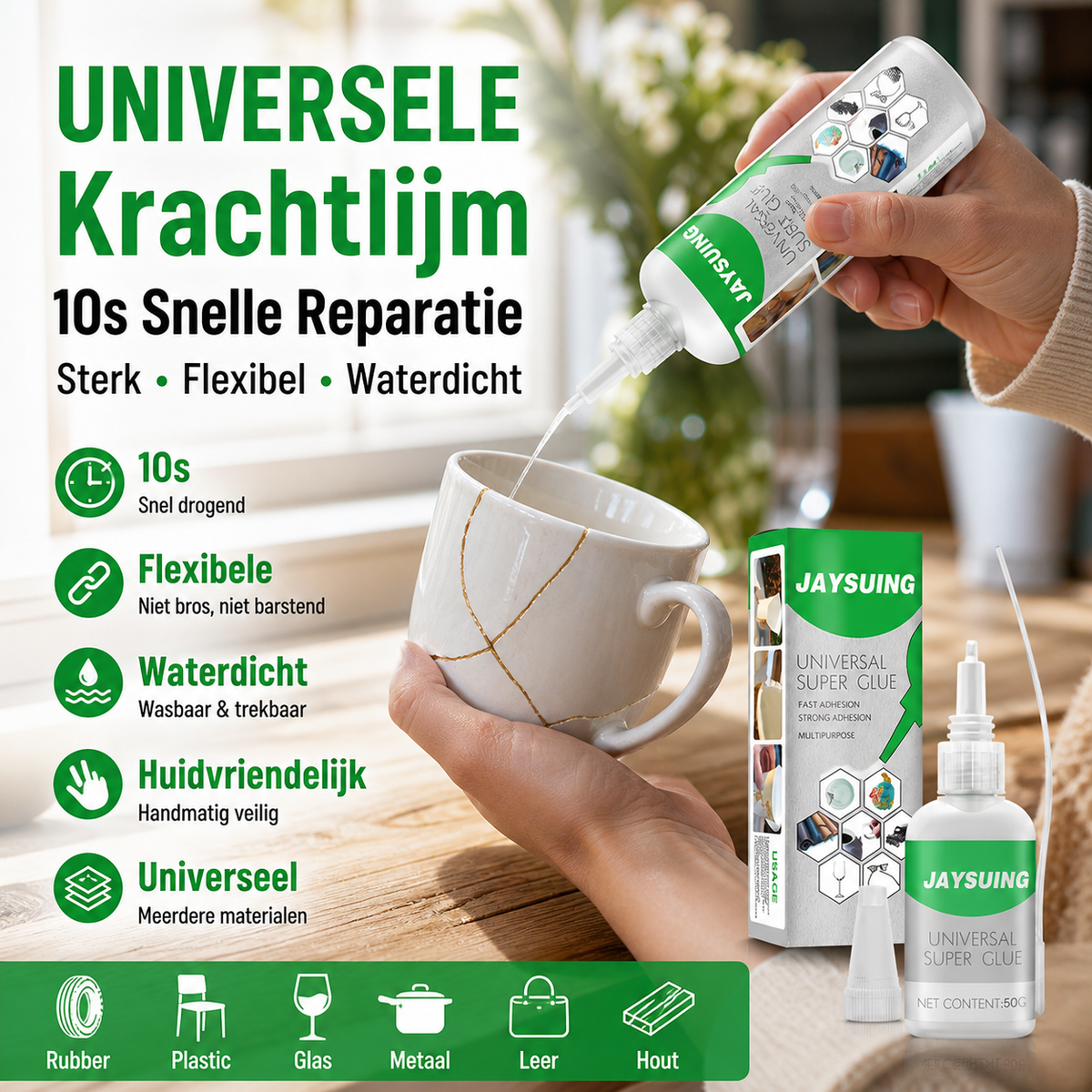 🔥 2 voor 1! Snelhardende lijm – hoge hechtkracht, droogt in 1 min, voor metaal, hout & kunststof. Repareer alles snel! 💪✨