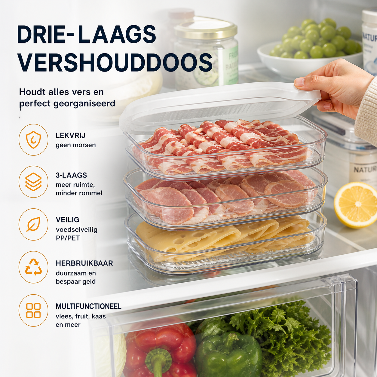 🥗 50% korting! 3-laags opbergbakken met deksel – stapelbaar, helder & herbruikbaar. Houd groenten & fruit langer vers in de koelkast! ✨🧊