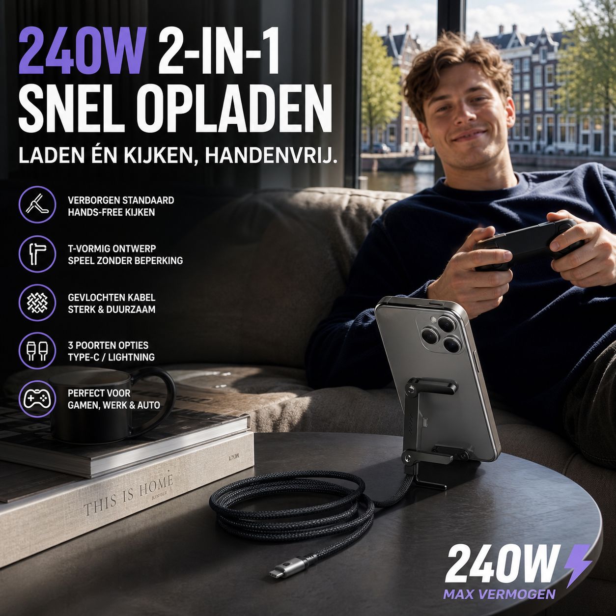 🔌 50% korting! 2-in-1 oplaadkabel met standaard – 240W supersnel, T-vormig & gevlochten. Laad & kijk handsfree! ⚡✨