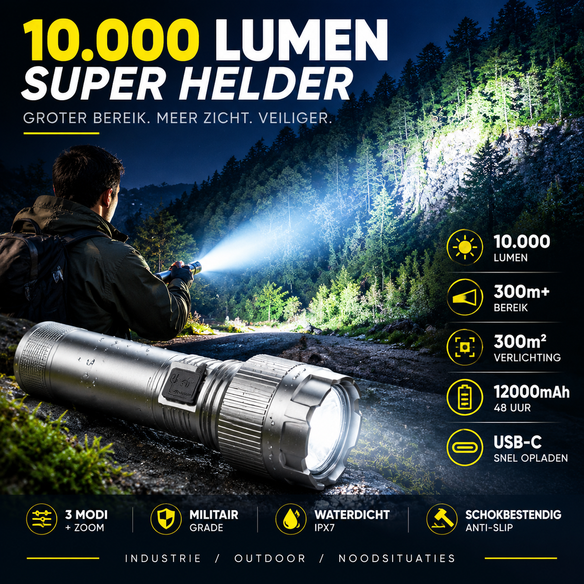 🔦 50% korting! Oplaadbare superheldere LED-zaklamp – 10.000 lumen, 48 uur gebruiksduur & USB-C snelladen. Waterdicht & onbreekbaar! ✨⚡
