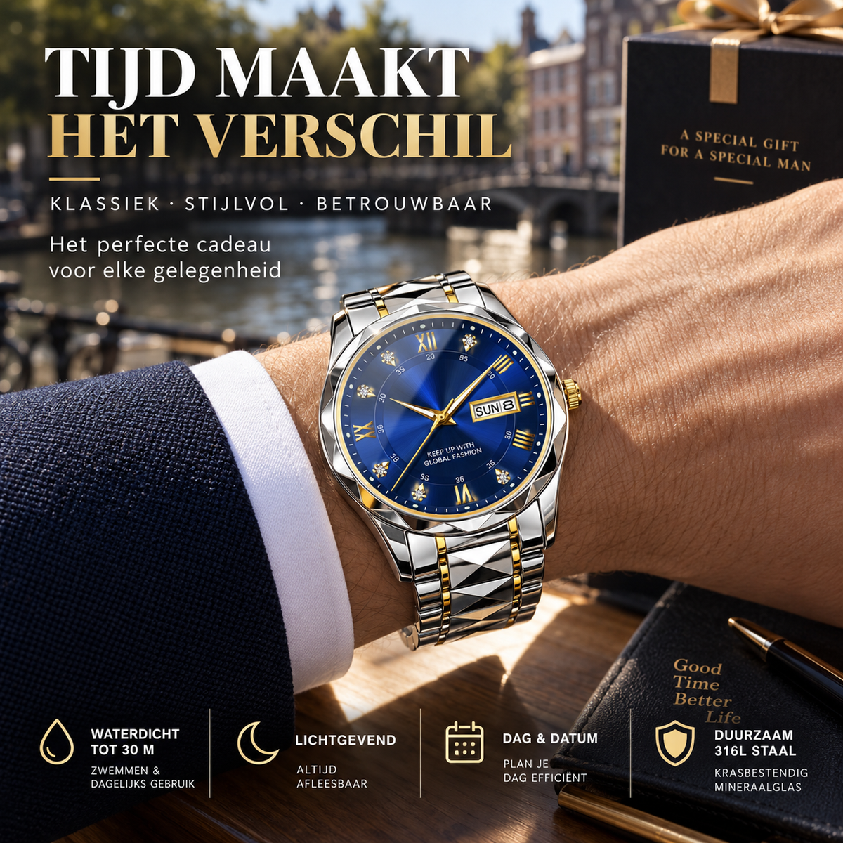 ⌚ 50% korting! Luxe herenhorloge – dag-datum weergave, lichtgevend & waterdicht tot 30m. Japans uurwerk & 316L roestvrij staal. Perfect cadeau! ✨🎁