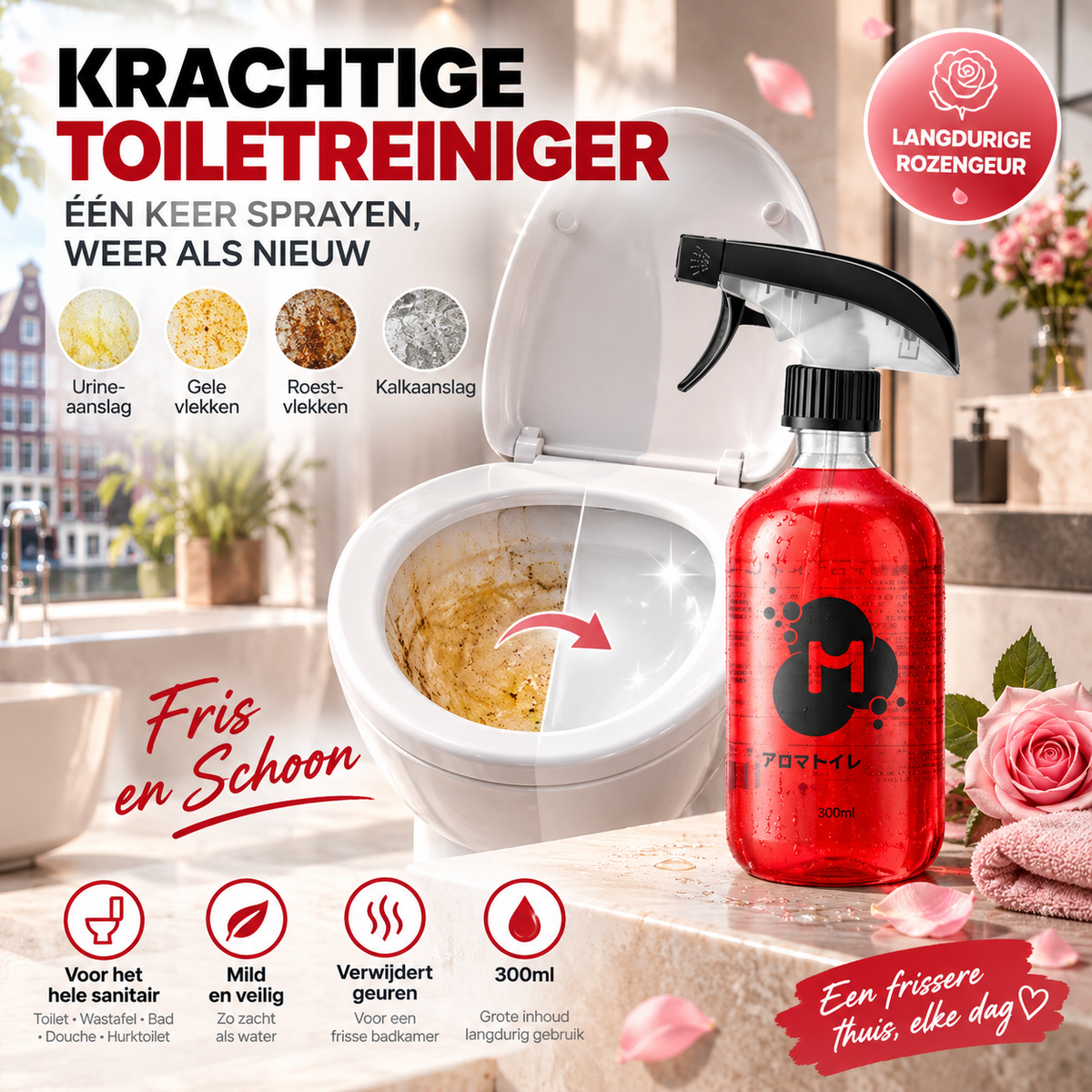 🚽 50% korting! Krachtige toiletreiniger – verwijdert urinesteen, roest & gele vlekken. Zacht, niet-irriterend & langdurige rozengeur. 300 ml! ✨🌸