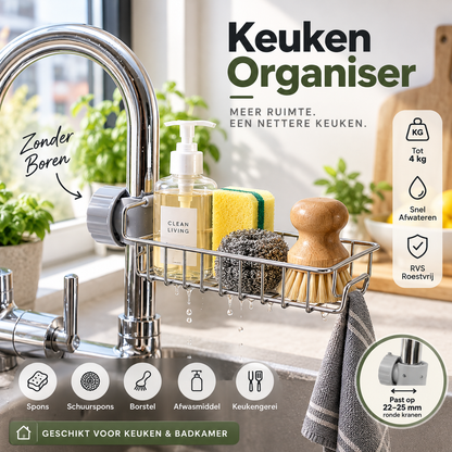 🧽 50% korting! Gootsteen organizer rek – RVS, 4 kg draagkracht & zonder boren aan de kraan te bevestigen. Houd sponzen & zeep binnen handbereik! ✨💪