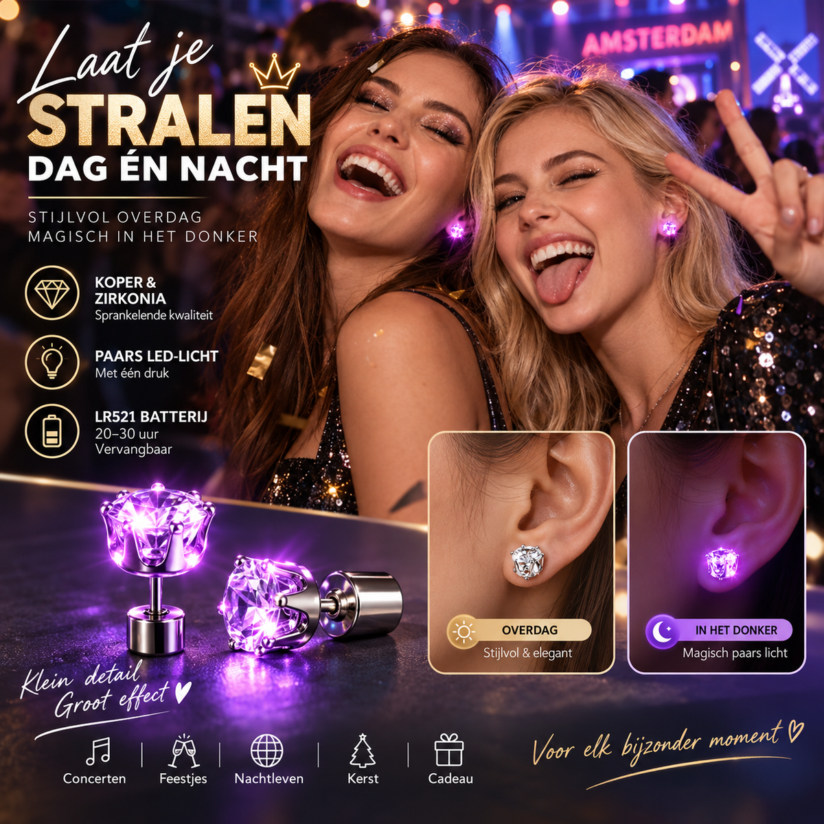 👑 50% korting! LED kroonoorbellen – koper met zirkonia, dag & nacht draagbaar, 7 lichtkleuren & 20-30 uur gebruik. Perfect voor feesten & concerts! ✨💜