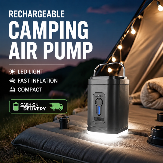 🏕️ Oplaadbare camping luchtpomp – LED-verlichting, snel oppompen, compact – Levering achteraf betalen 🔋