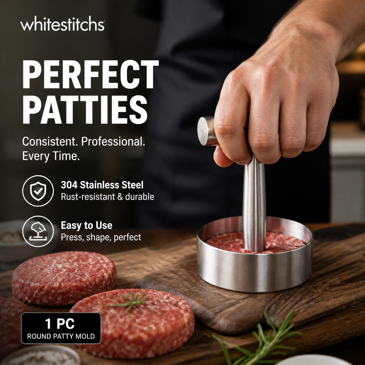 🥩🔪 Steakpers ronde burgervorm | 304 RVS, antiaanbak | Eén druk, perfecte patty | Vaatwasserbestendig | 13,2x17,5x9 cm, 364 g | 50% KORTING!