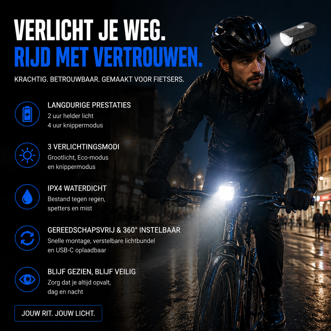 🚴 Oplaadbare, waterdichte fietskoplamp met clip – urenlang zichtbaar, veilig in elke regenbui.