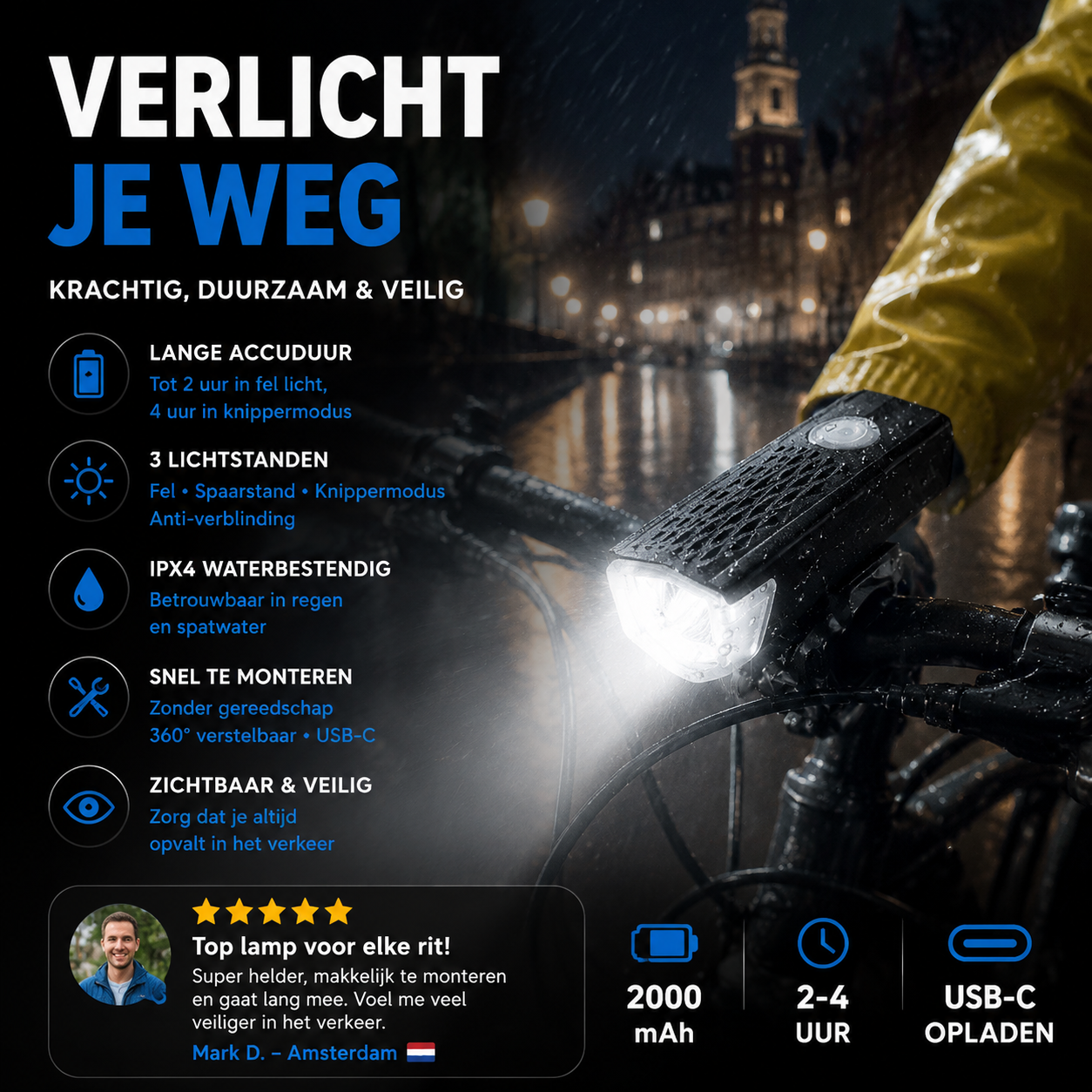 🚴 Oplaadbare, waterdichte fietskoplamp met clip – urenlang zichtbaar, veilig in elke regenbui.