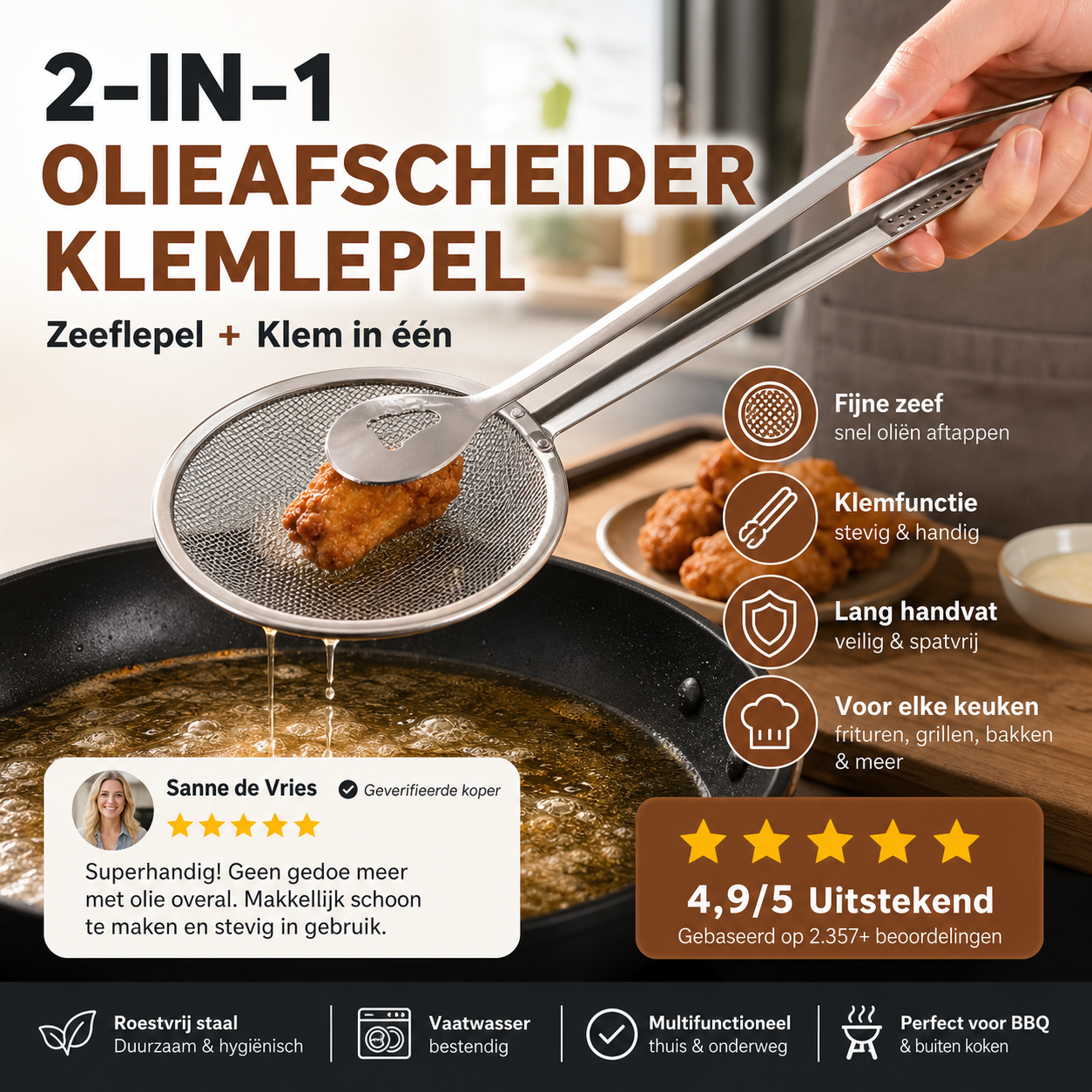 🍳 50% korting! 2-in-1 keukentang – schep & filter in 1. Roestvrij staal, ideaal voor frituren, zeven & opscheppen. 💪✨