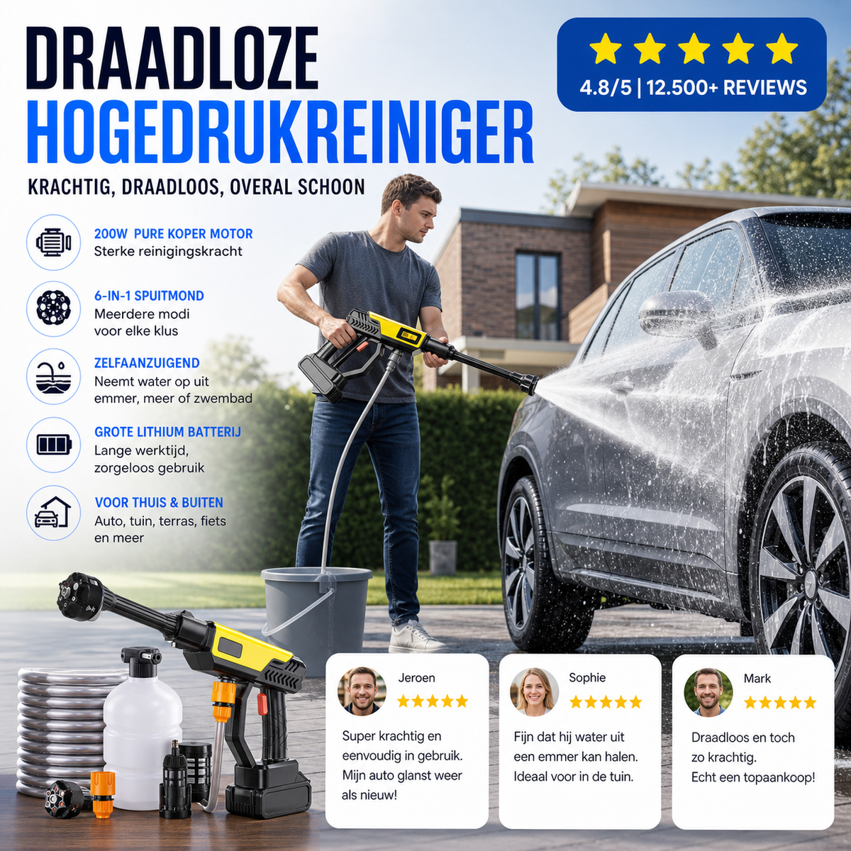 🚗 50% korting! Draadloze hogedrukreiniger – 200W koperen motor, 6-in-1 spuitkop, zelfaanzuigend & lange accu. ⚡💦