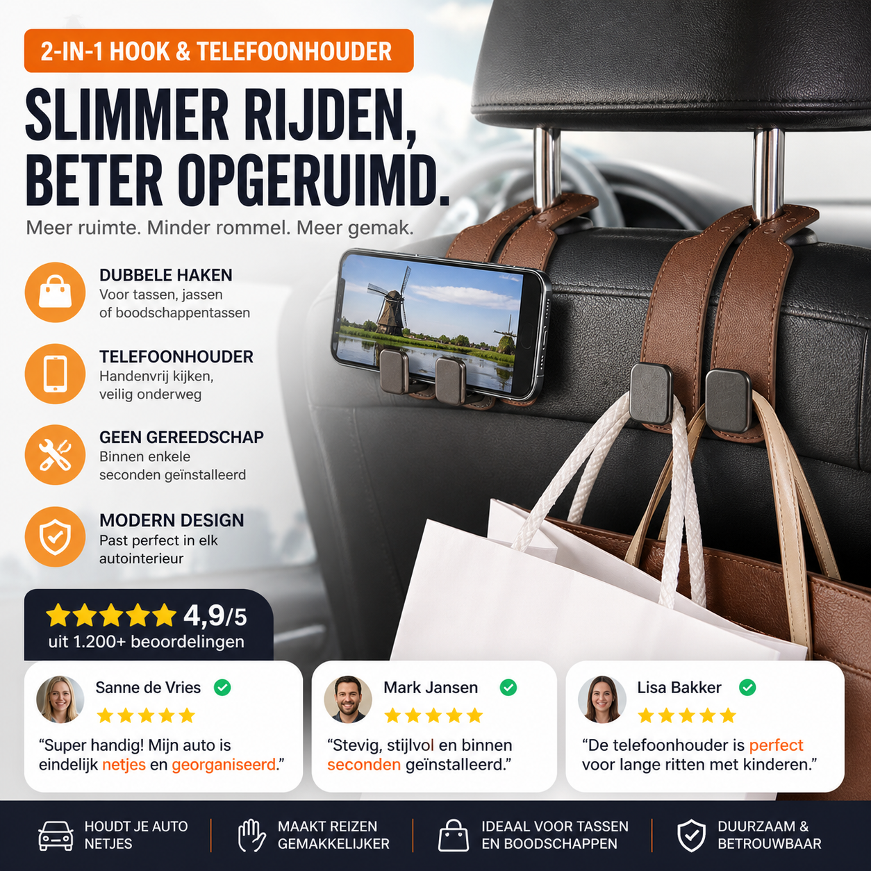 🚗 50% korting! Autostoel tas-haak – stevig, eenvoudig te installeren & draagbaar. Houd handtassen, boodschappen & tassen netjes in de auto! ✨🧸